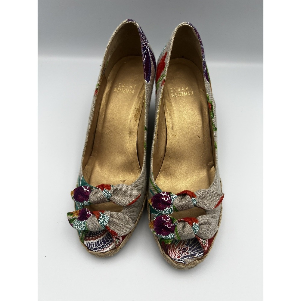 Stuart Weitzman floral wedge canvas peep toe espadrilles women's size 6.5
